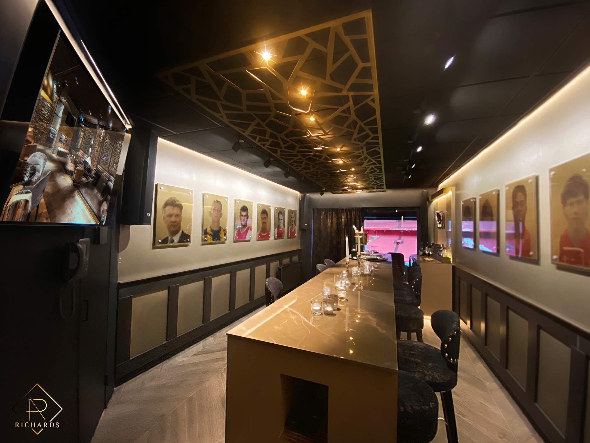 Marije Richards interior — sky box with laser-cut ceiling and player portraits